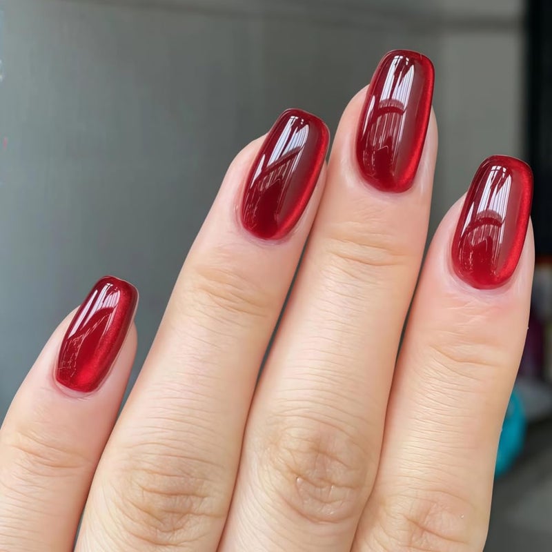 OCOUYVD Square Press on Nails Medium Fake Nails Cate Eye Red False Nails Acrylic Artificial Glossy Design Full Cover Glue on Nail Stick on Nail for Women Girls Manicure Art Decorations 24PCS - Image 3